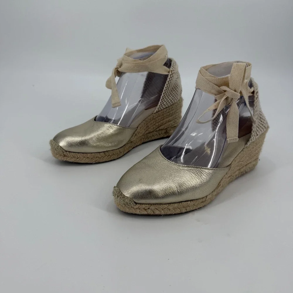 Boden Metallic Gold Espadrille Wedges Ribbon Ankle Tie Made in Spain Size 38